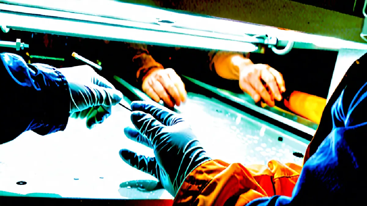 Gloved hands adjust neuroscience equipment beside a research enclosure, evoking the plasticity studies behind rapid-acting treatments.
