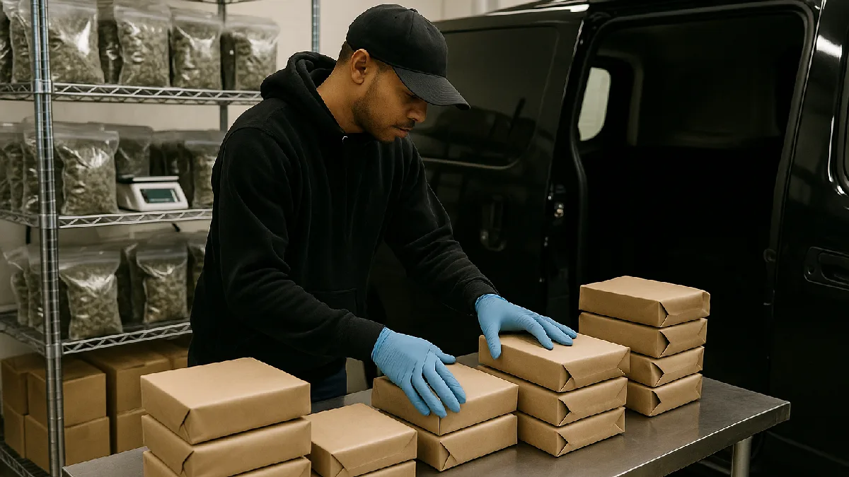 A delivery worker organizes sealed cannabis orders in a regulated fulfillment workspace
