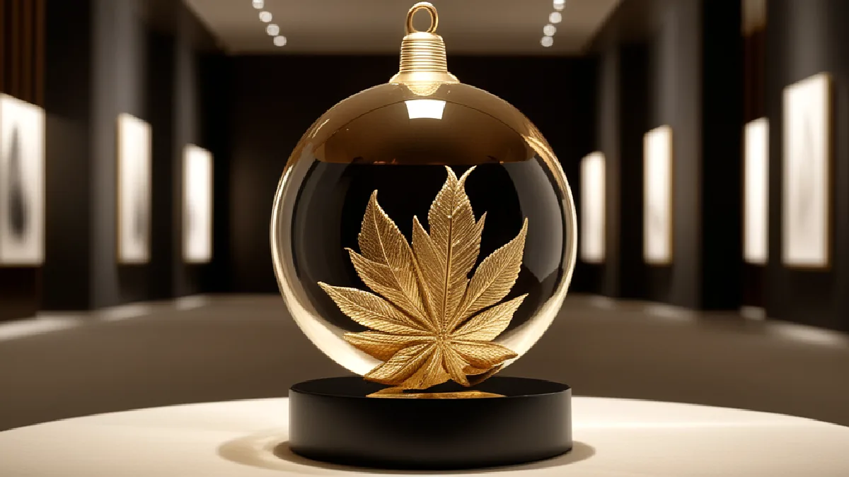 Un colgante de oro con forma de cannabis se exhibe en una sala de exposición reluciente, como señal de la incursión de la planta en el diseño convencional.