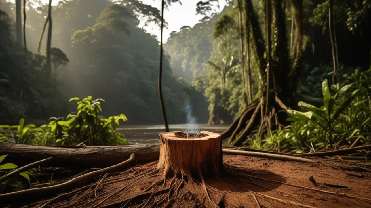 A yagé vine survives beside disturbed Amazonian ground, symbolizing Indigenous concerns about extraction and dispossession.