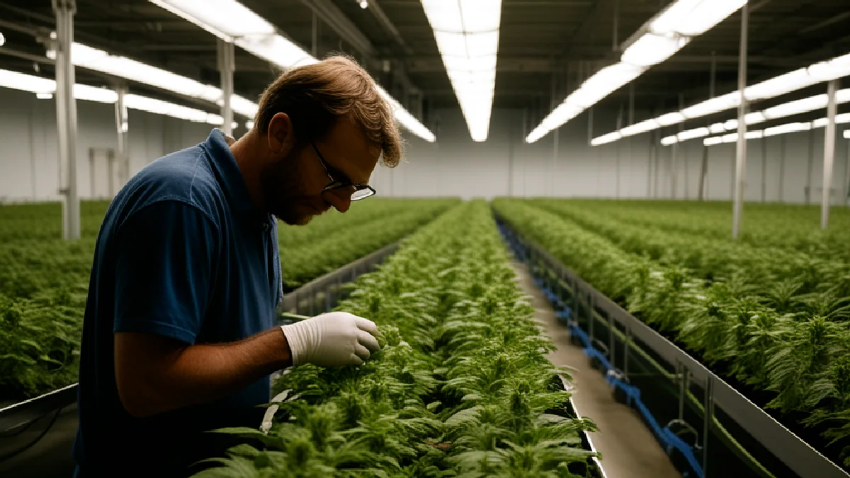 Workers inspect mature cannabis plants inside a controlled facility, illustrating the regulated systems that follow legalization.