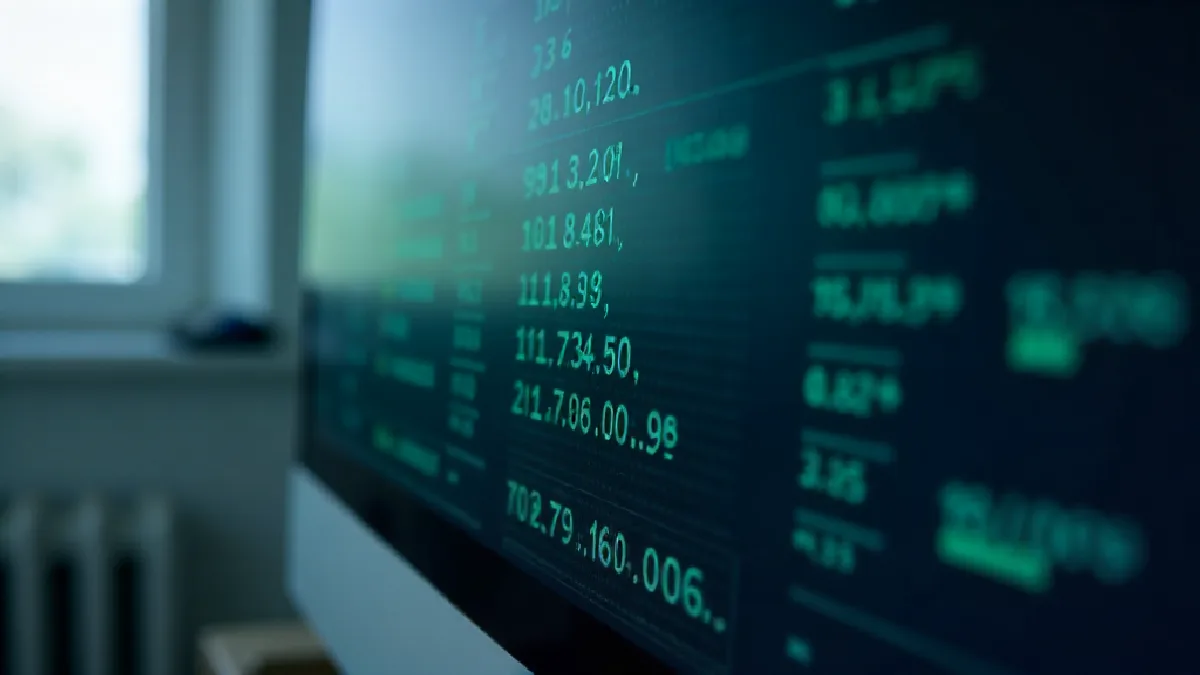 Close-up view of glowing algorithmic market trendlines on a monitor, highlighting data analytics techniques used for cannabis industry forecasting.