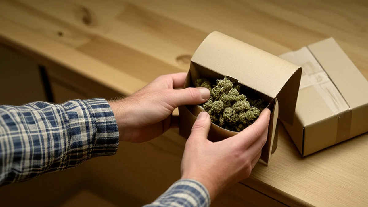 La entrega representada por una mano en silueta frente a una puerta segura simboliza las preguntas sobre la entrega legal de cannabis en la región del DMV.