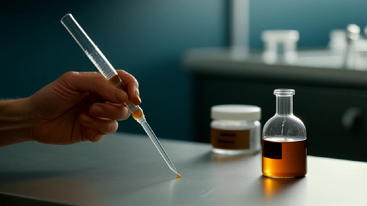 A gloved technician handles cannabis samples and lab equipment, illustrating independent potency checks and measurement variance.