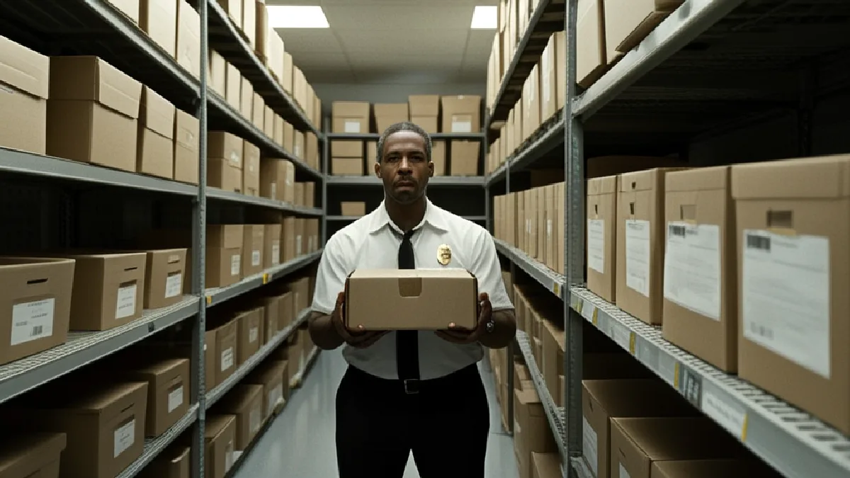 Gloved hands place an unmarked archive box in storage, symbolizing the newly released hearing record.