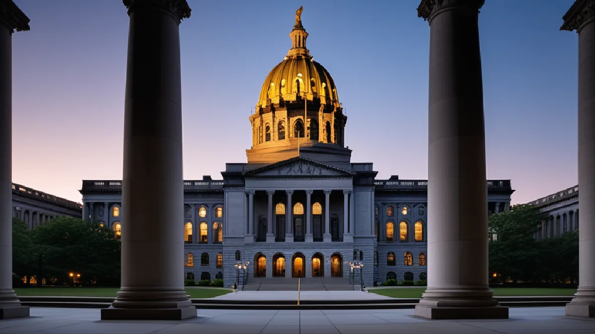 The New York State Capitol stands at dusk as officials consider the proposed cannabis wage board.