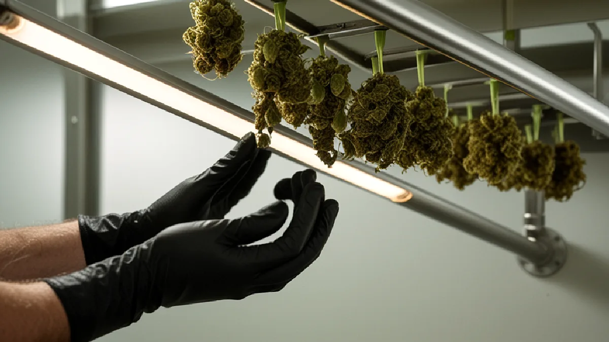 Mani guantate ispezionano fiori di cannabis in essiccazione in una struttura controllata del Maryland durante una fase di transizione normativa.