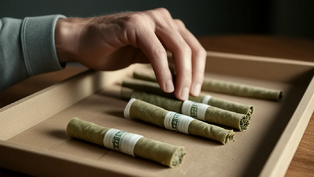 neatly aligned unbranded pre-rolls on a plain tray, no machinery, illustrating when does the king of cannabis premiere in theaters