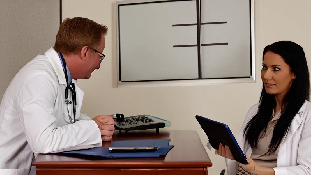 A clinician reviews medical cannabis certification information with a patient during a private consultation