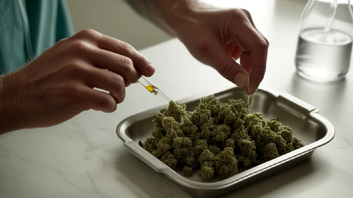 Clinician hands examine an unlabeled cannabis preparation, highlighting careful dosing and safety considerations.