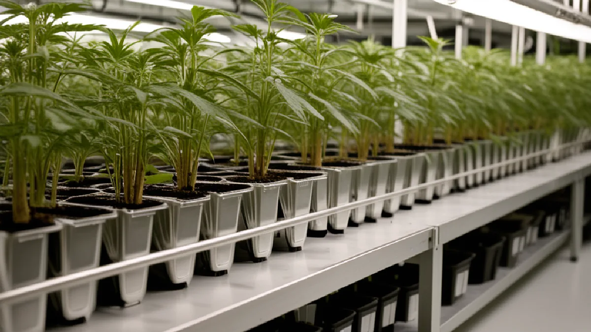 Gloved hands tend cannabis seedlings in a controlled grow room, representing possible regulated production after legalization.