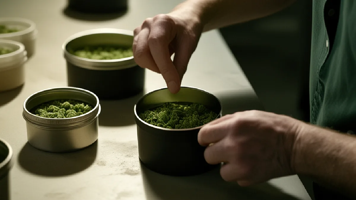 Gloved workers inspect sealed cannabis containers at a steel bench, illustrating operational compliance and security procedures.