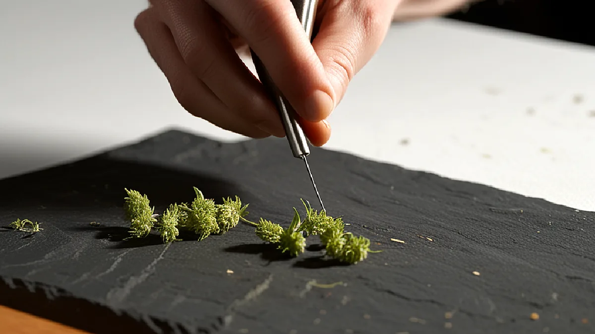 Hands inspect unlabelled cannabis flowers in glass dishes, suggesting a broader standard for judging quality.