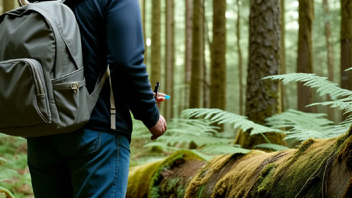 A solitary hiker pauses in a forest clearing with a discreet vape pen and backpack.
