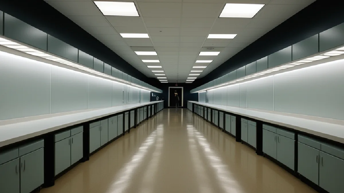 A bright laboratory corridor leads toward equipment and future research, suggesting progress through careful approvals.