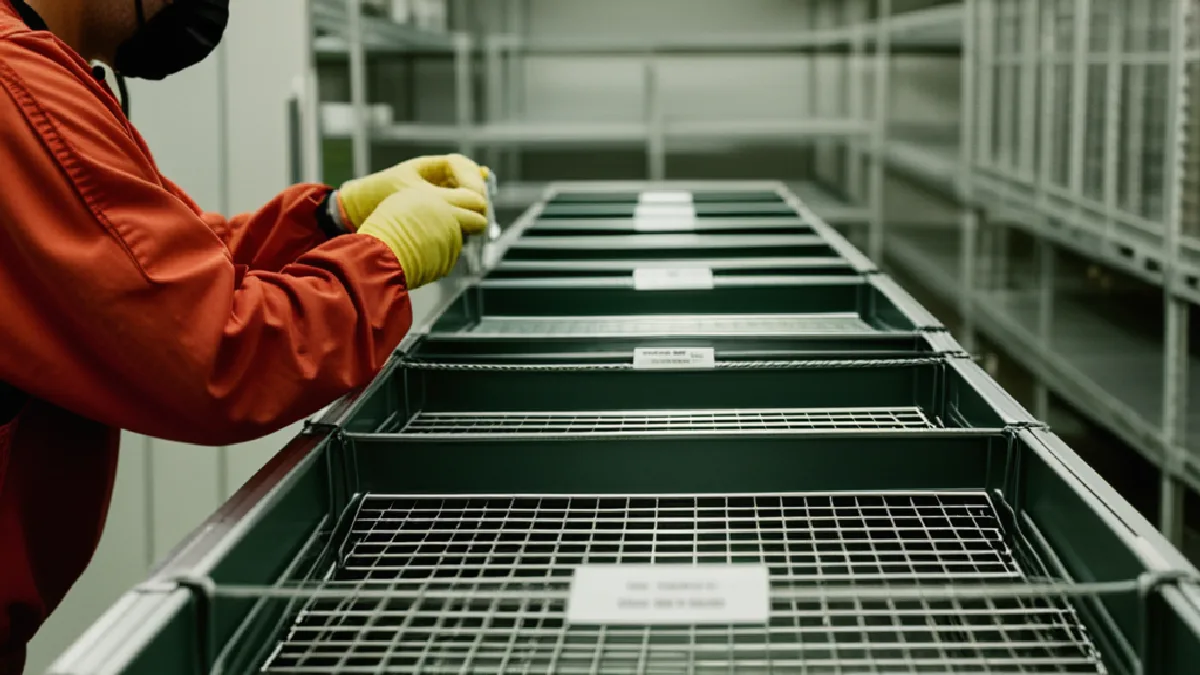 Gloved staff isolate unmarked cannabis containers inside a secure quarantine area during recall procedures.
