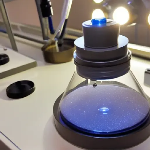 Glass vial containing fine crystalline powder in a modern laboratory setting illustrating chemical research on synthetic psychedelics.