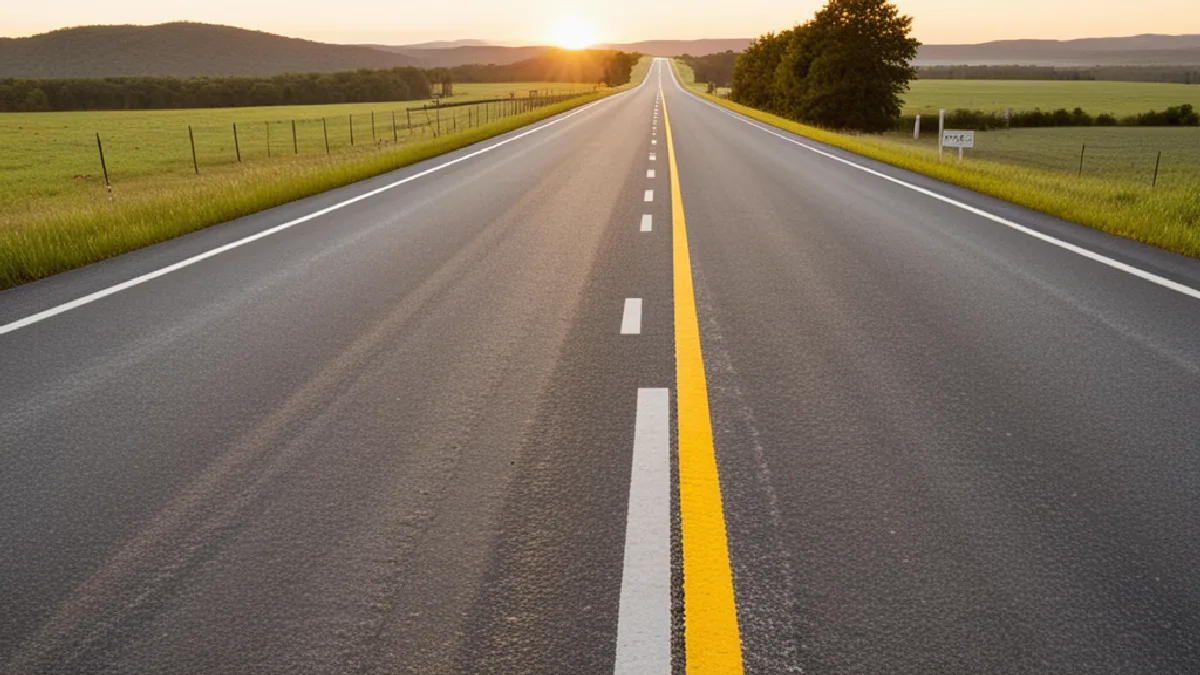 An empty two-lane highway at sunrise crossing state lines, representing how legal boundaries shape enforcement disparities.