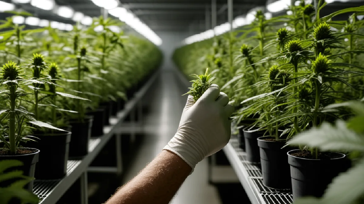 Gloved hands inspect flowering cannabis plants, illustrating the practical care and attention behind Griffis’s early career.
