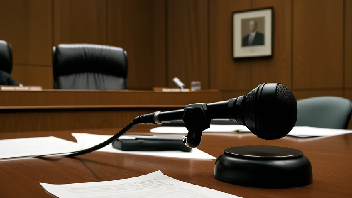 A microphone rests on a wooden table surrounded by sheets of paper in a wood-paneled room with empty chairs.