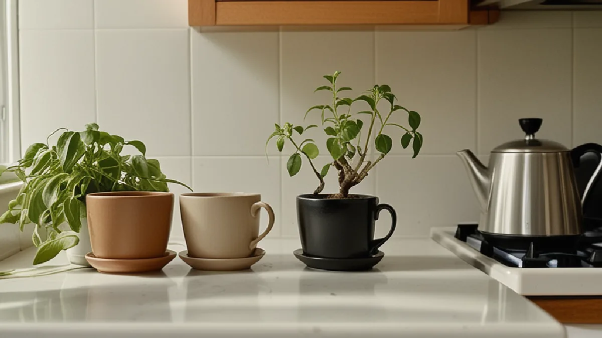 Unas manos preparan té y cuidan una planta, representando las rutinas pacientes que apoyan la integración sobria en la relación.