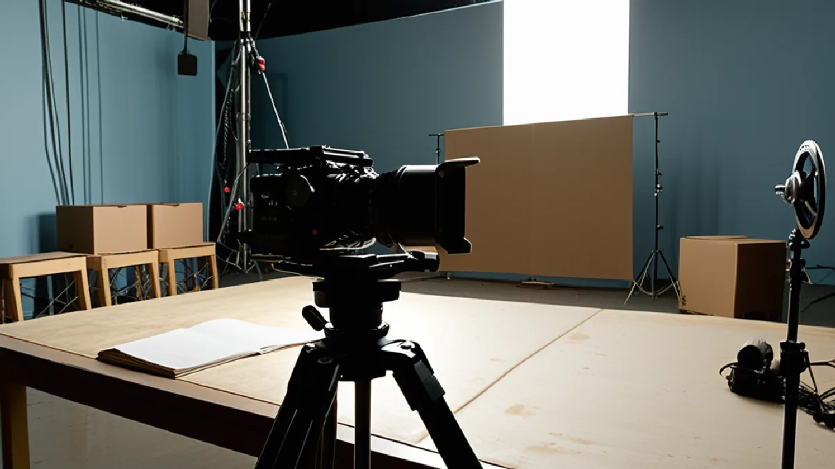 A prepared soundstage and cinema equipment suggest the film project’s transition from screenplay development toward production.
