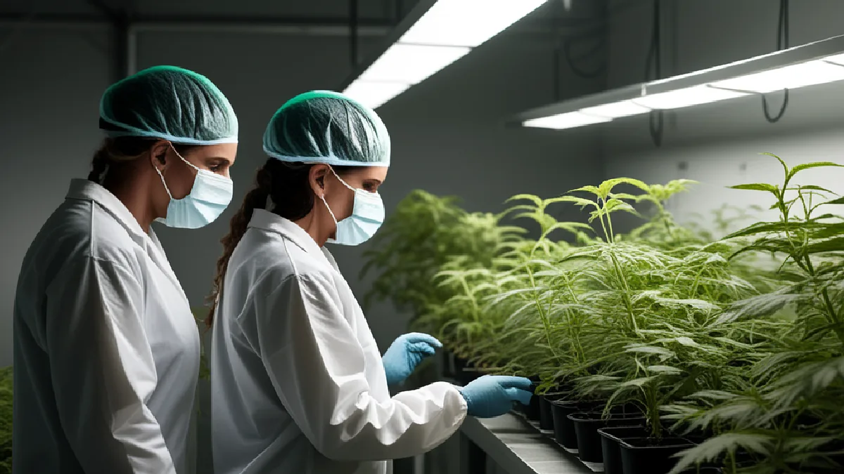 Faceless cultivation workers inspect flowering plants as airborne particles and ventilation become visible concerns.