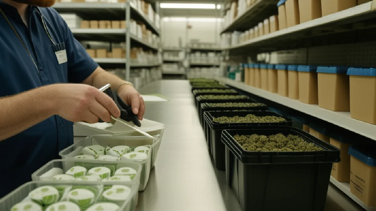 Gloved hands perform a precise cannabis order handoff, illustrating standardized processes that reduce delivery errors.