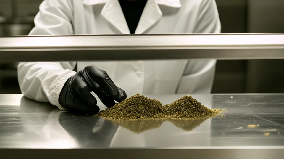 Unas manos enguantadas inspeccionan productos de cáñamo sin identificar en un laboratorio, evocando la presión operativa que genera una supervisión más estricta.