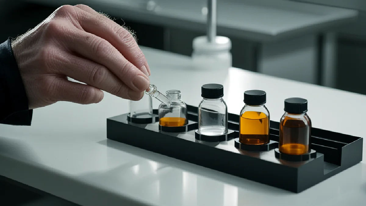 A worker handles an unlabelled cannabis sample at a lab intake bench, illustrating Colorado’s self-selection testing system.