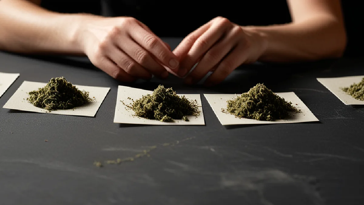Muestras de flores de cannabis sin etiquetar dispuestas para su inspección, como representación de una postura de marca que desafía la fijación con las cifras de THC.