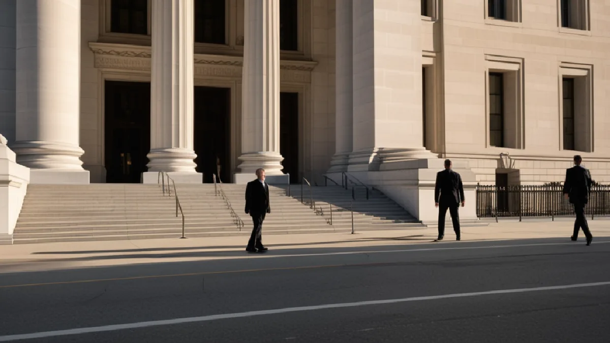 The Justice Department entrance at dawn evokes the official guidance and implementation steps still awaited.
