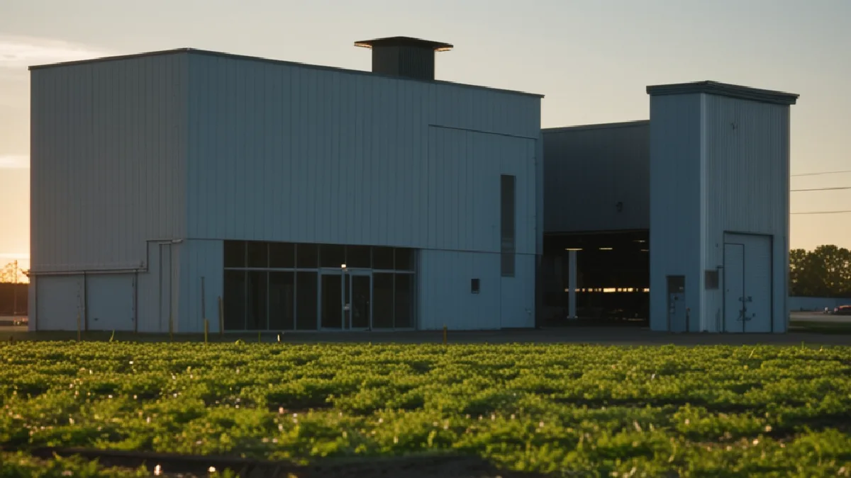 Roof-mounted scrubbers and a landscaped buffer show physical measures used to meet local cannabis odor standards.