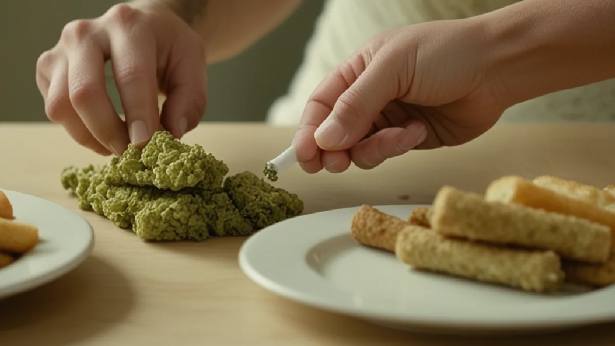 Adults gather around a dinner table with cannabis products arranged for a relaxed social occasion.