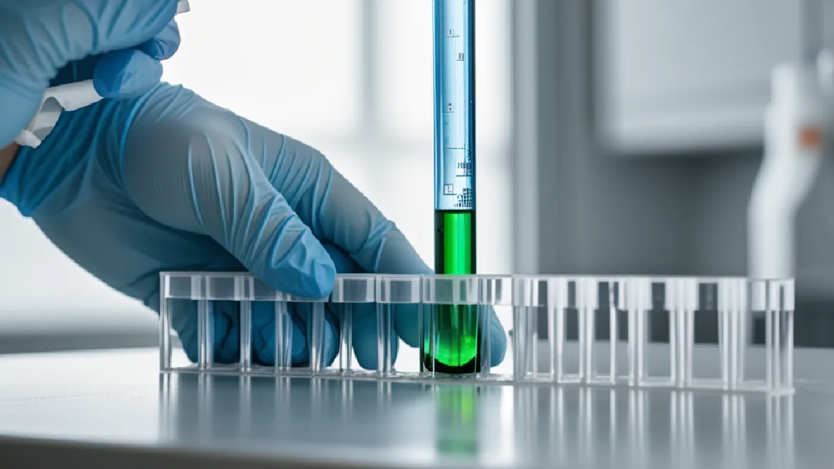 Een onderzoeker met handschoenen hanteert ongemarkeerde monsters in een laboratorium, wat de gecontroleerde verzameling van bewijs voor het Panorama-onderzoek illustreert.