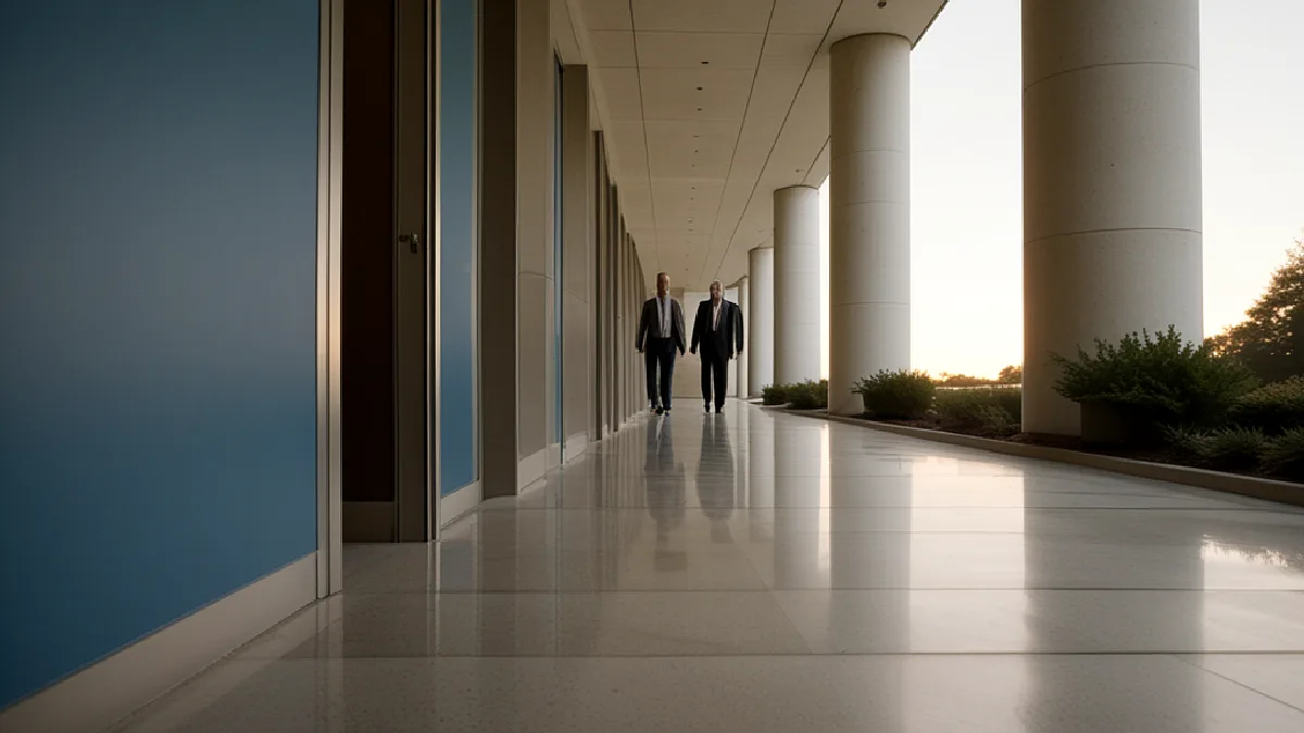 Anonymous officials move through an Alabama health department interior, evoking a procedural shift in state policy.