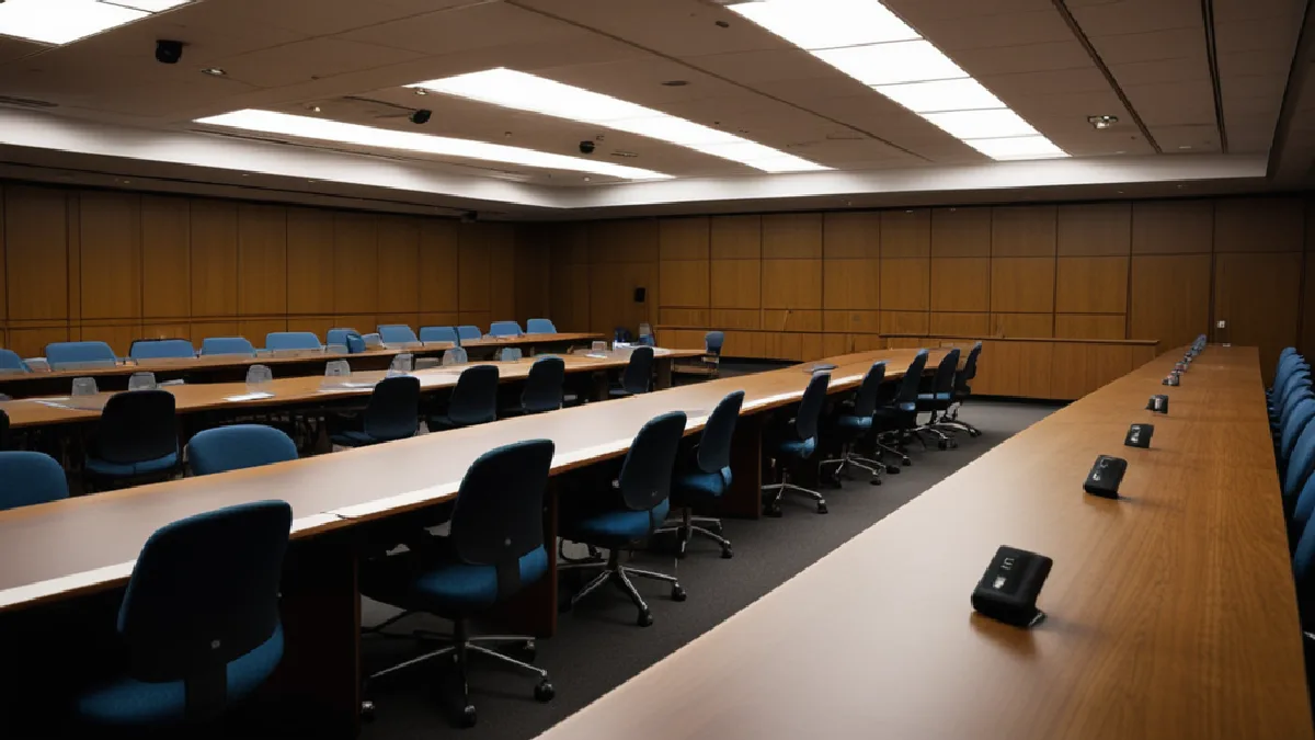 Vacant hearing room evokes Hippos LLC’s challenge to inconsistent cannabis application scores.