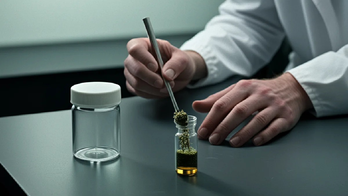 Gloved hands prepare cannabis samples for laboratory testing under strict regulatory controls.