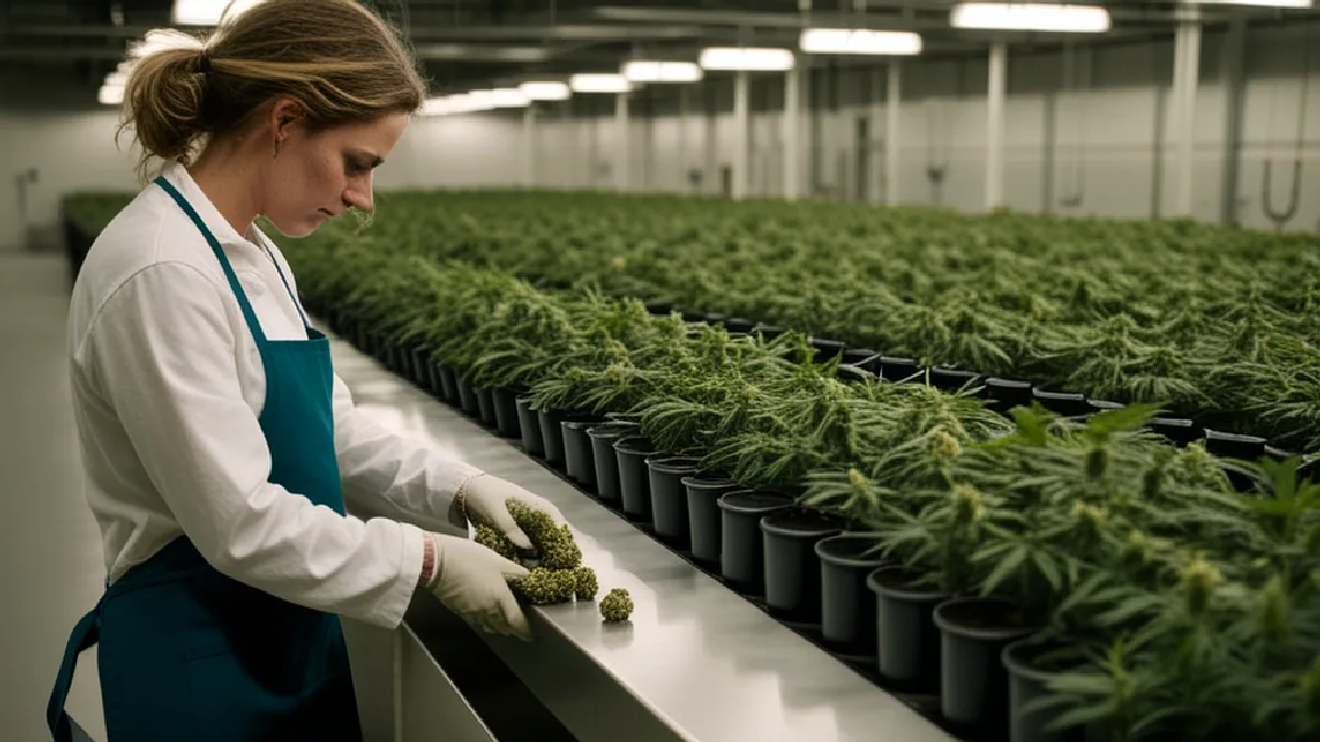 Trabajadores sin rostro inspeccionan bandejas de secado y recipientes de vidrio dentro de una operación de procesamiento de cannabis en Nueva York.