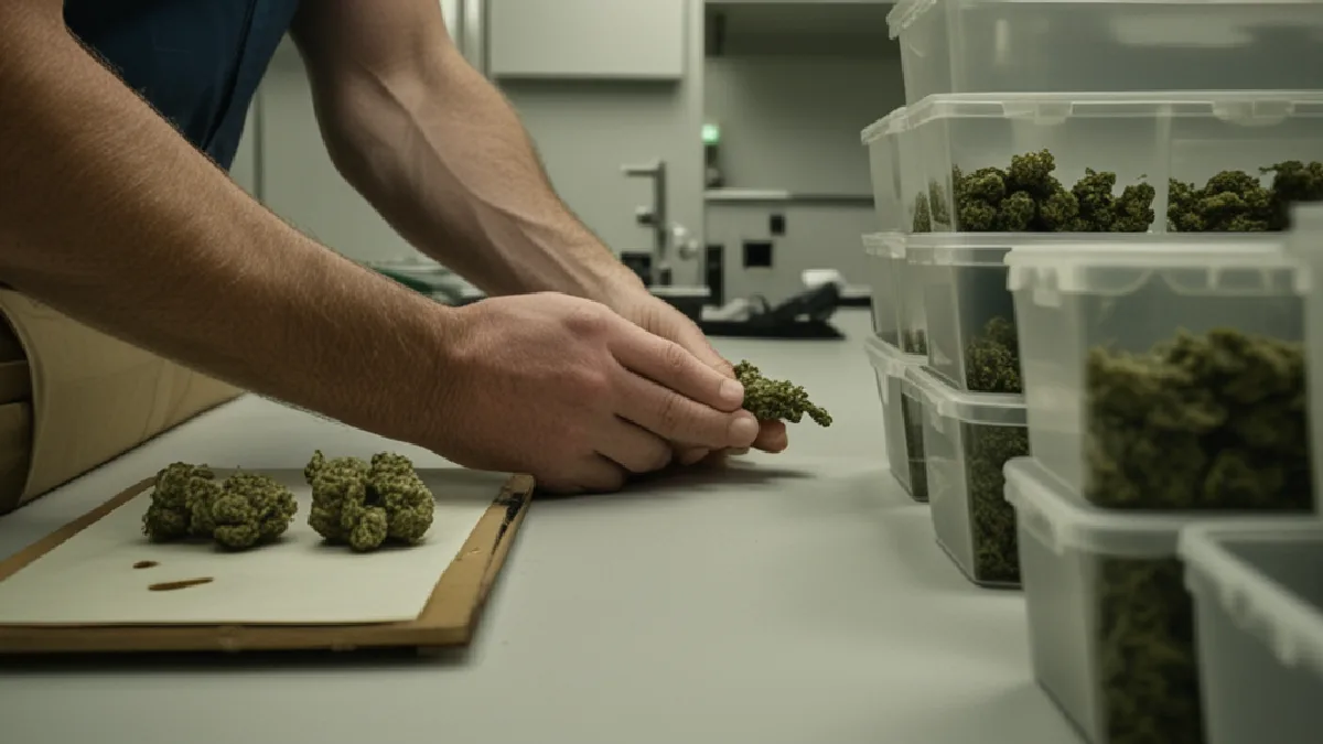Mani guantate mettono in sicurezza prodotti di cannabis non contrassegnati in una stanza di un dispensario, illustrando le procedure che il linguaggio può innescare.
