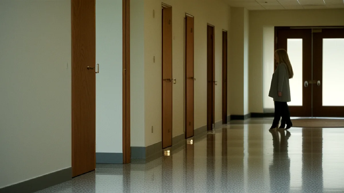 A closed federal doorway and waiting figure symbolize the gap between policy recommendations and changed access.