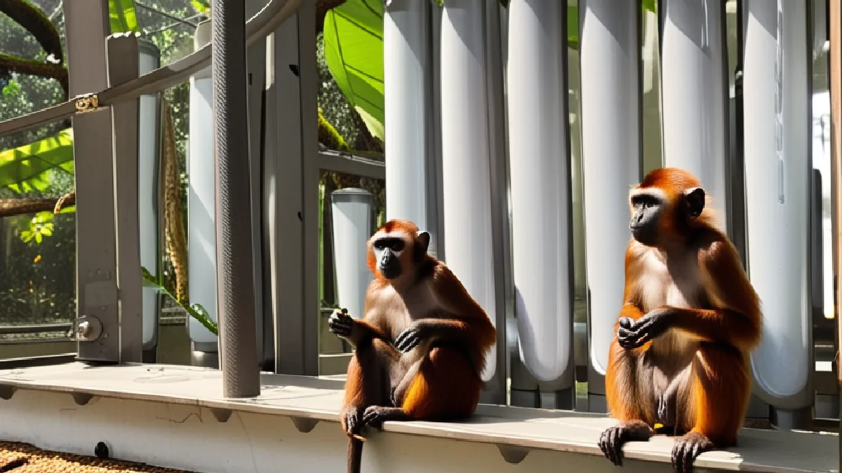 Two marmosets sit apart inside an enclosure, reflecting the study’s focus on isolation and stress.