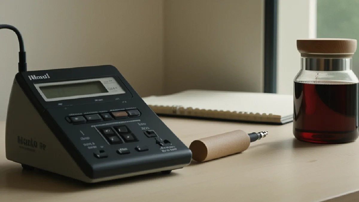 Hands pause beside an unlabelled cannabis device and timer, conveying gradual use and attention to possible side effects.