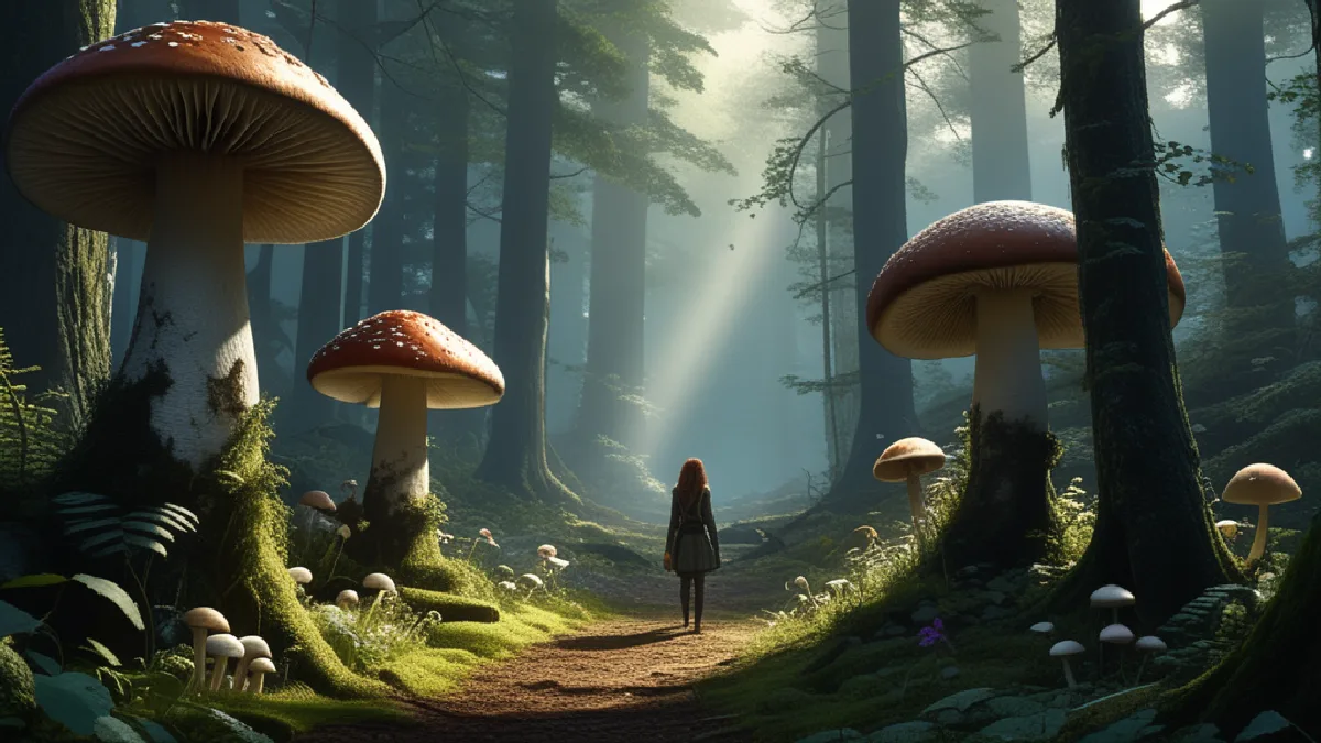 Silhouetted artists approach a luminous mushroom circle where plant spirits symbolize curiosity, danger, and resistance to prohibition.