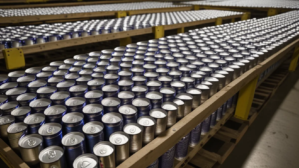 Rows of aluminum beverage cans stacked on warehouse pallets demonstrate hemp drink producers pausing their manufacturing operations.