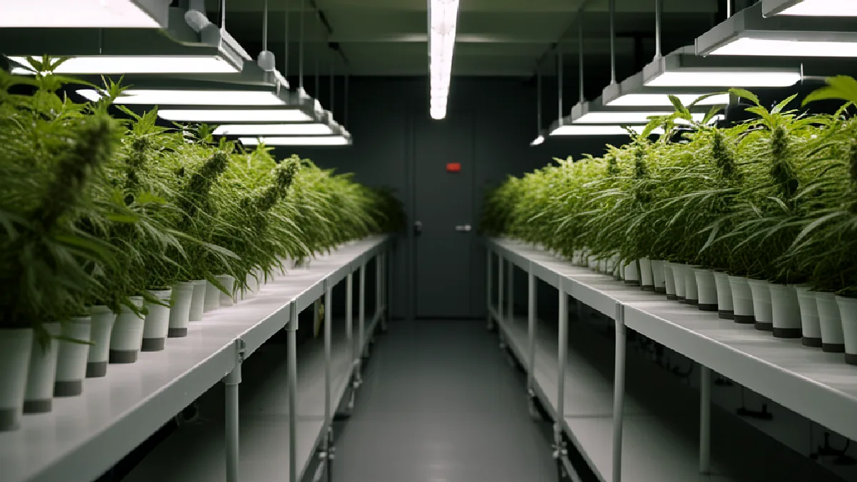 Mature medical cannabis plants grow under controlled lights after the federal scheduling change.