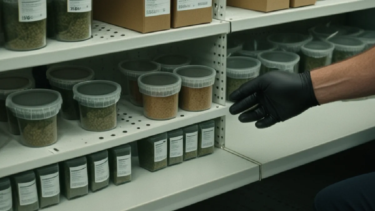 Workers secure unmarked cannabis containers in a controlled interior, illustrating local delivery and transport compliance.
