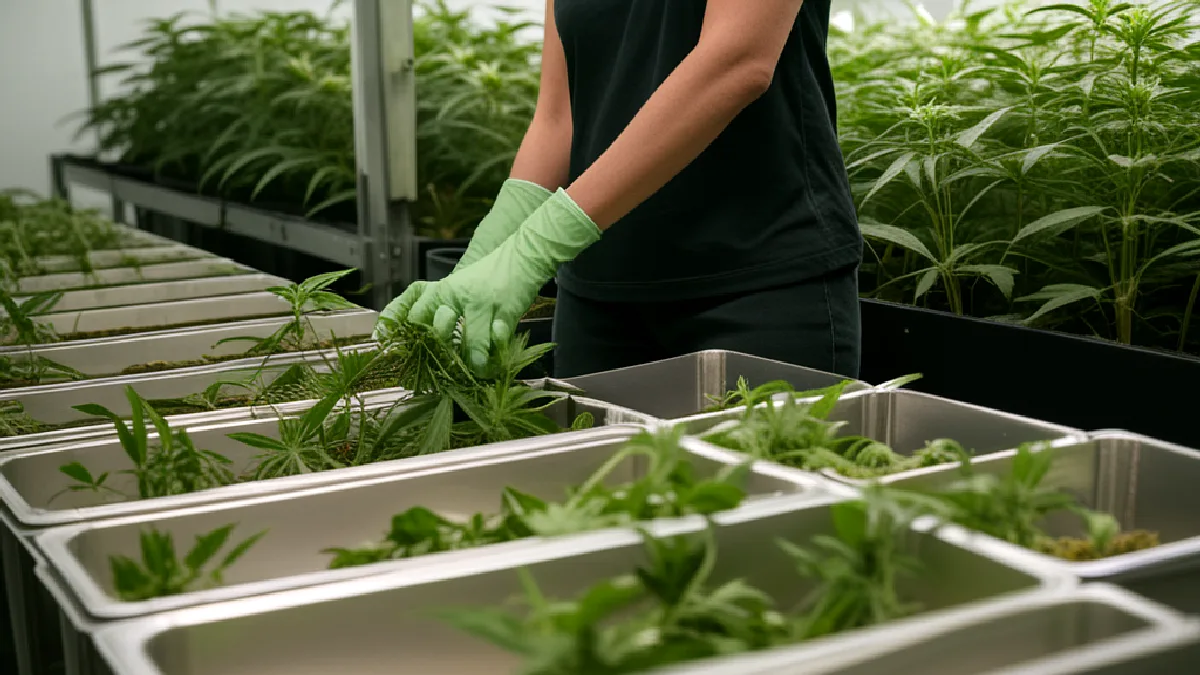 Thai cultivation workers handle cannabis flowers and containers, reflecting Thailand’s rapid rise as an Australian supplier.