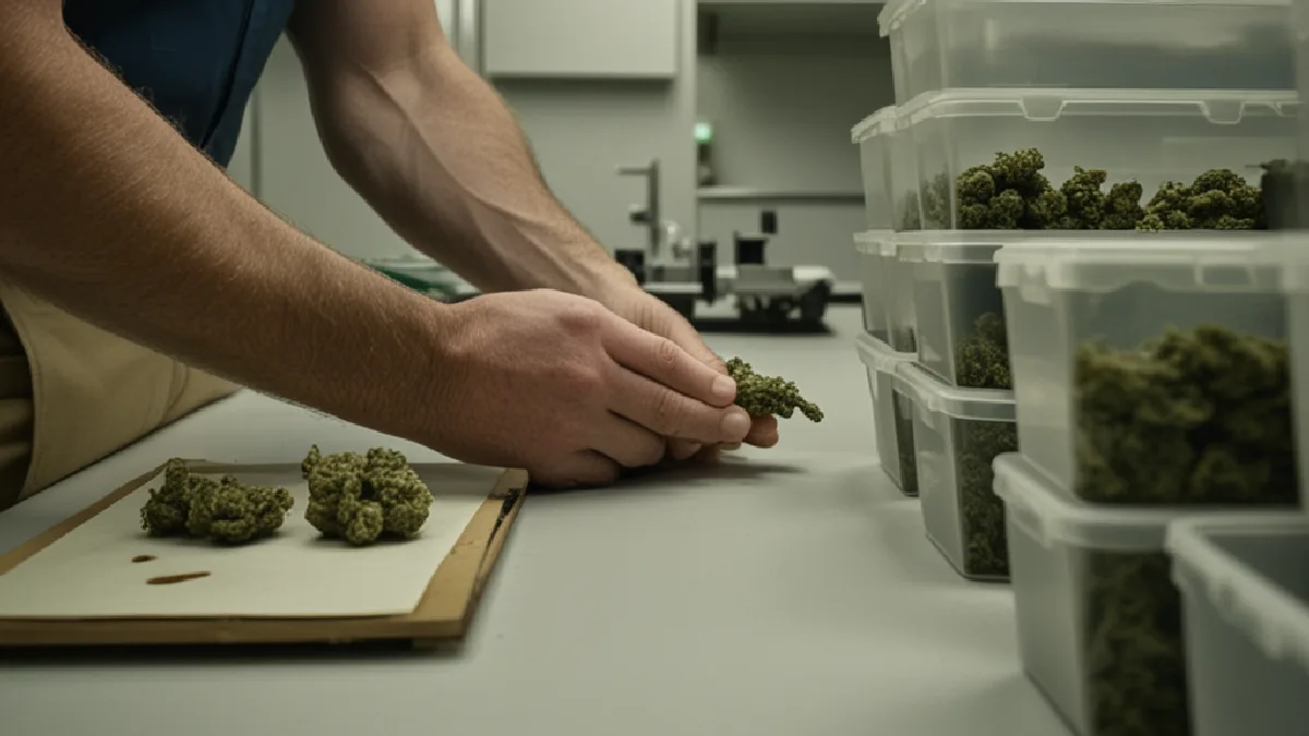 Gloved hands secure unmarked cannabis products in a dispensary room, illustrating the procedures language can trigger.