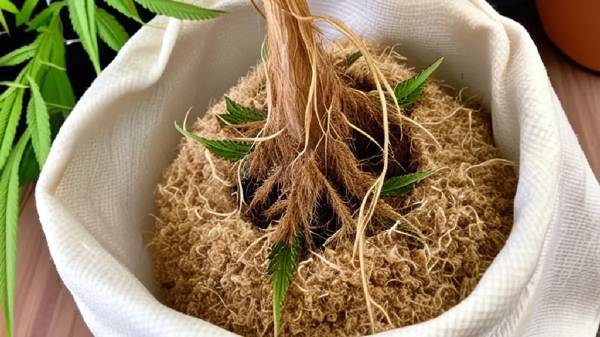 A young cannabis plant growing in rich fibrous coconut coir substrate, illustrating the market reliance on reliable growing media.